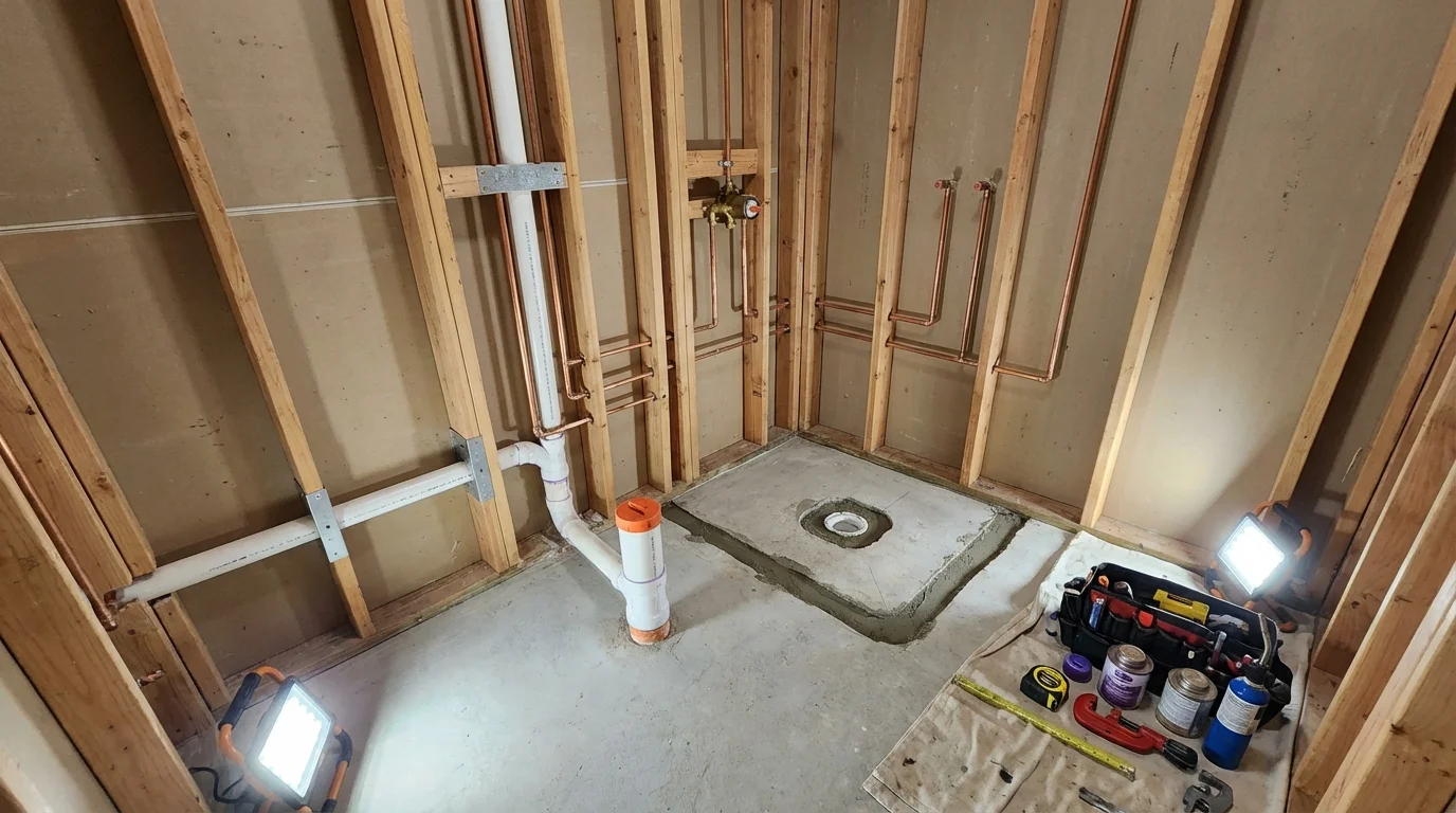 Bathroom rough-in plumbing during remodel by Johns Plumbing LLC in Mont Vernon