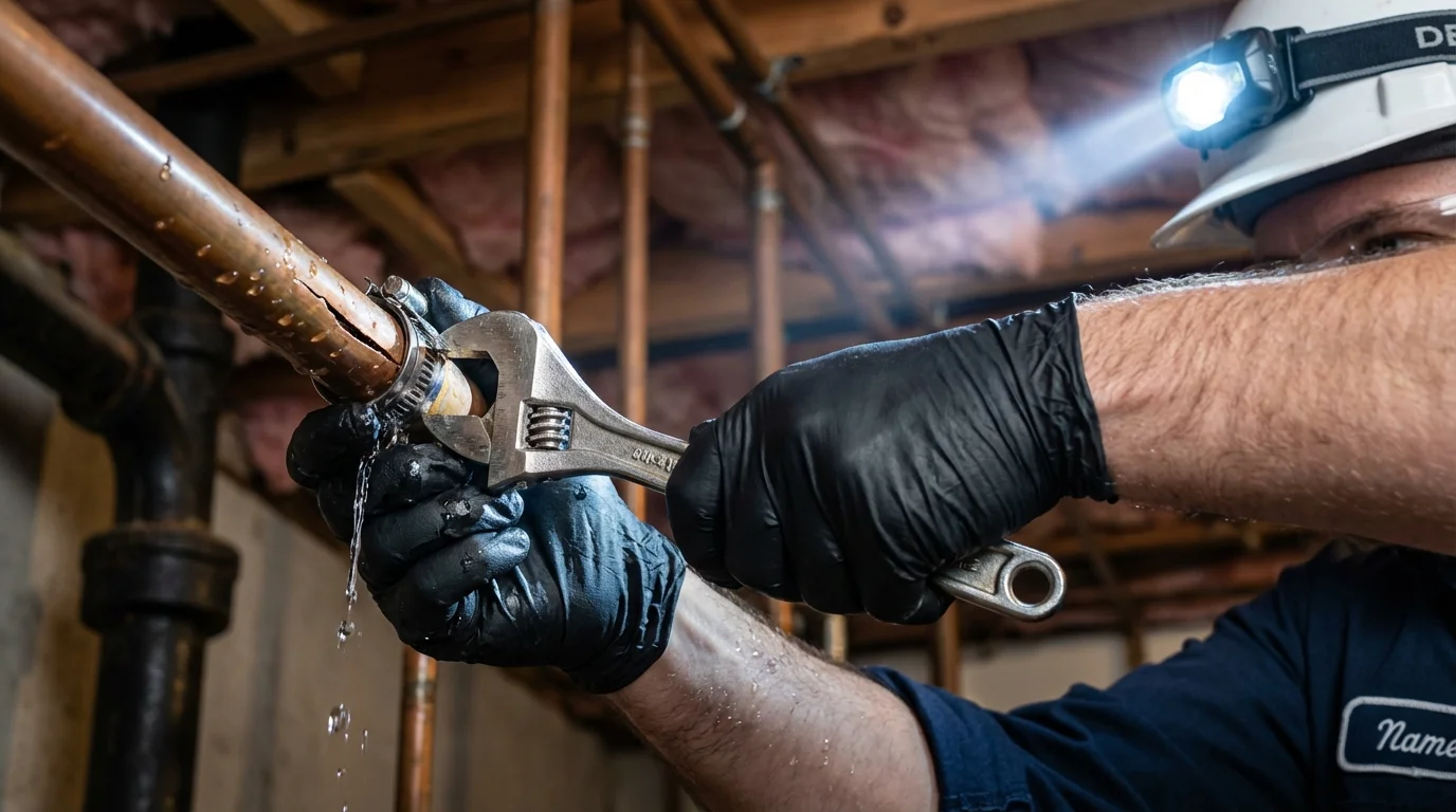 Emergency pipe clamp repair being performed by a Johns Plumbing LLC plumber in Mont Vernon