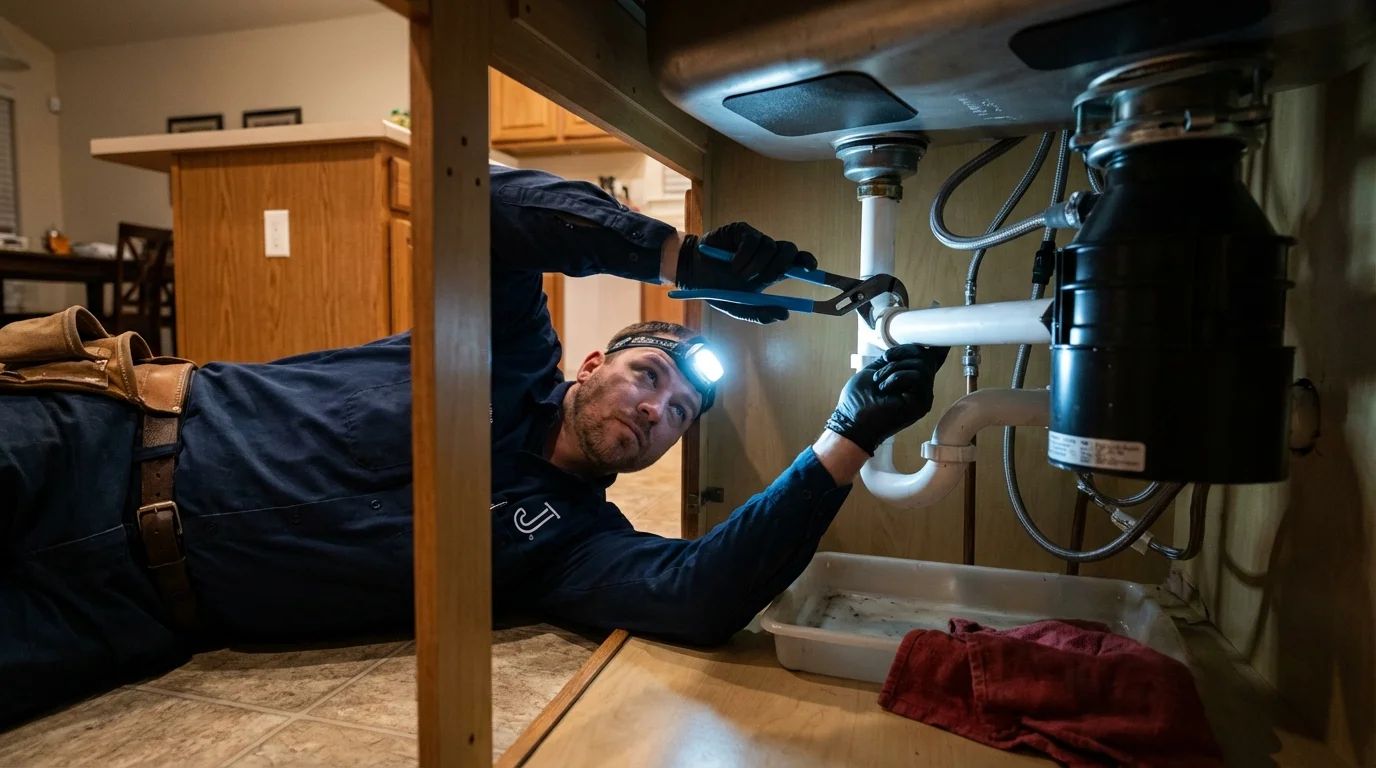 P-trap and supply line connections under a kitchen sink showing a common leak point in Mont Vernon, NH